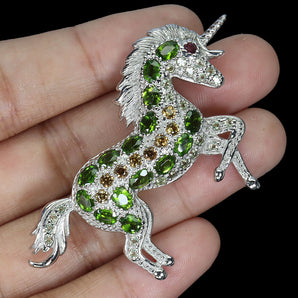 925 Sterling Silver Brooch Oval Chrome Diopside Peridot Unicorn Gemstone Jewelry