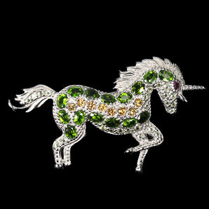 925 Sterling Silver Brooch Oval Chrome Diopside Peridot Unicorn Gemstone Jewelry