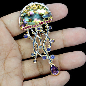 925 Sterling Silver Brooch Pendant Pear Amethyst Ruby Mop Jellyfish Gemstone