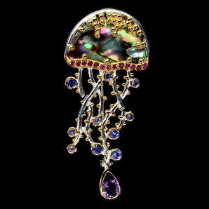 925 Sterling Silver Brooch Pendant Pear Amethyst Ruby Mop Jellyfish Gemstone