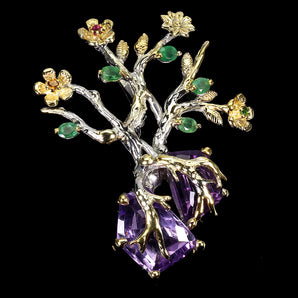 925 Sterling Silver Brooch Fancy Amethyst 17ct Emerald Tree Handmade Gemstone