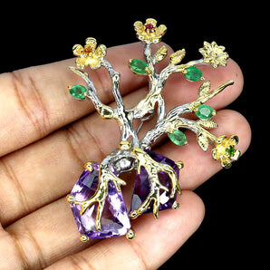 925 Sterling Silver Brooch Fancy Amethyst 17ct Emerald Tree Handmade Gemstone
