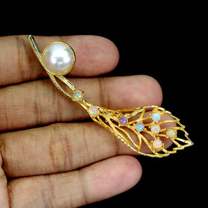 925 Sterling Silver Brooch Round Fire Opal 3mm Mabe Pearl Gemstone Jewelry