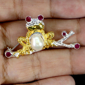 925 Sterling Silver Brooch Round Ruby Myanmar Pearl Frog Gemstone Jewelry