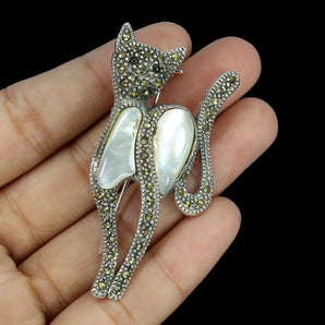 925 Sterling Silver Brooch Pear Mop 16x8mm Marcasite Cat Gemstone Jewelry