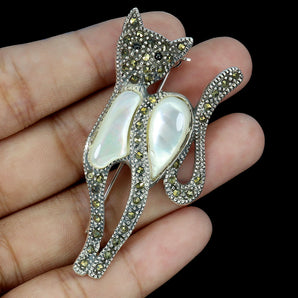 925 Sterling Silver Brooch Pear Mop 16x8mm Marcasite Cat Gemstone Jewelry