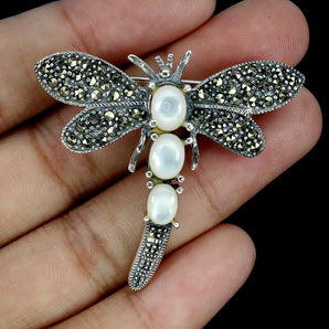 925 Sterling Silver Brooch Oval Mop 6x4mm Marcasite Dragonfly Gemstone Jewelry