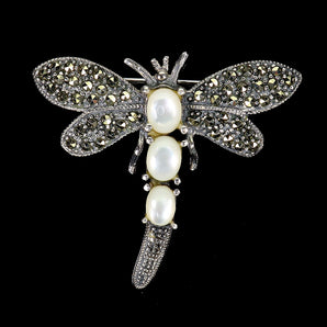 925 Sterling Silver Brooch Oval Mop 6x4mm Marcasite Dragonfly Gemstone Jewelry