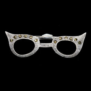 925 Sterling Silver Brooch Round Marcasite Glasses Natural Gemstone Jewelry