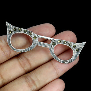 925 Sterling Silver Brooch Round Marcasite Glasses Natural Gemstone Jewelry