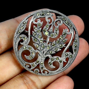 925 Sterling Silver Brooch Round Marcasite Natural Gemstone Jewelry
