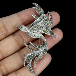 925 Sterling Silver Brooch Round Marcasite Bird Natural Gemstone Jewelry
