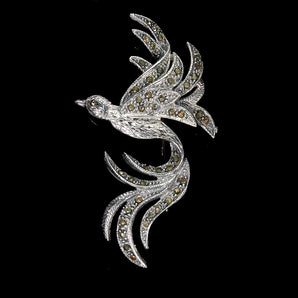 925 Sterling Silver Brooch Round Marcasite Bird Natural Gemstone Jewelry