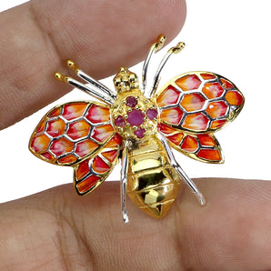 925 Sterling Silver Brooch Pendant Round Ruby Myanmar Enamel Butterfly Jewelry