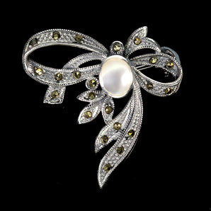 925 Sterling Silver Brooch Oval Mother Of Pearl 8x6mm Marcasite Gemstone Jewelry