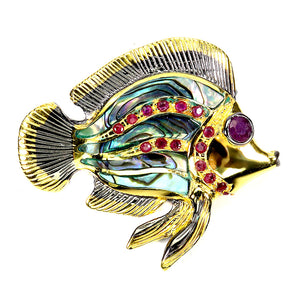 925 Sterling Silver Brooch Pendant Round Ruby Mop Fish Natural Gemstone Jewelry