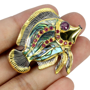 925 Sterling Silver Brooch Pendant Round Ruby Mop Fish Natural Gemstone Jewelry