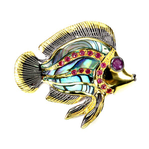 925 Sterling Silver Brooch Pendant Round Ruby Mop Fish Natural Gemstone Jewelry