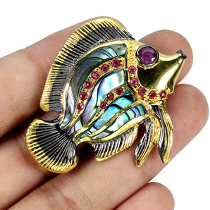 925 Sterling Silver Brooch Pendant Round Ruby Mop Fish Natural Gemstone Jewelry