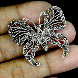 925 Sterling Silver Brooch Round Marcasite Butterfly Gemstone Jewelry