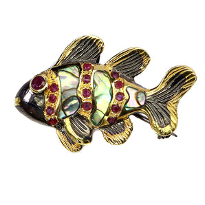 925 Sterling Silver Brooch Round Ruby Myanmar Ruby Mop Fish Gemstone Jewelry