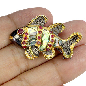 925 Sterling Silver Brooch Round Ruby Myanmar Ruby Mop Fish Gemstone Jewelry