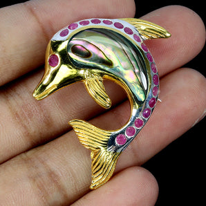 925 Sterling Silver Brooch Pendant Round Ruby Myanmar Mop Dolphin Gemstone