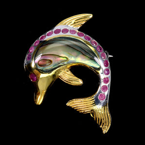 925 Sterling Silver Brooch Pendant Round Ruby Myanmar Mop Dolphin Gemstone
