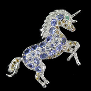 925 Sterling Silver Brooch Oval Tanzanite 4x3mm Sapphire Horse Gemstone Jewelry