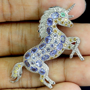 925 Sterling Silver Brooch Oval Tanzanite 4x3mm Sapphire Horse Gemstone Jewelry