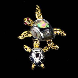 925 Sterling Silver Brooch Round Ruby Myanmar Mop Turtle Gemstone Jewelry