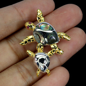 925 Sterling Silver Brooch Round Ruby Myanmar Mop Turtle Gemstone Jewelry