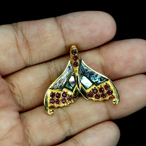 925 Sterling Silver Brooch Pendant Round Myanmar Ruby Mop Fishtail Gemstone