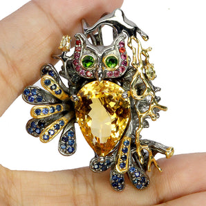 925 Sterling Silver Brooch Pendant Pear Citrine 18x13mm Sapphire Owl Gemstone