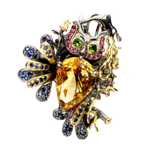 925 Sterling Silver Brooch Pendant Pear Citrine 18x13mm Sapphire Owl Gemstone