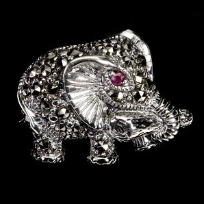 925 Sterling Silver Brooch Round Ruby Marcasite Elephant Gemstone Jewelry
