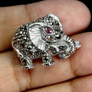925 Sterling Silver Brooch Round Ruby Marcasite Elephant Gemstone Jewelry