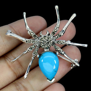 925 Sterling Silver Brooch Pear Turquoise Marcasite Spider Gemstone Jewelry