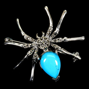 925 Sterling Silver Brooch Pear Turquoise Marcasite Spider Gemstone Jewelry