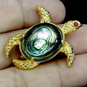 925 Sterling Silver Brooch Pendant Round Ruby Myanmar Mop Turtle Gemstone