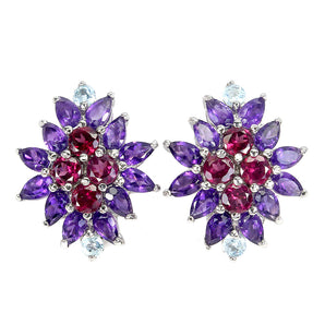 Unheated Round Rhodolite Garnet 5x3mm Amethyst Gems 925 Sterling Silver Earrings