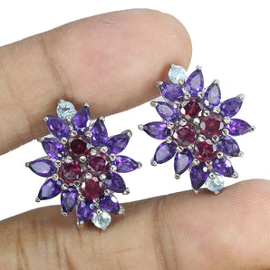 Unheated Round Rhodolite Garnet 5x3mm Amethyst Gems 925 Sterling Silver Earrings