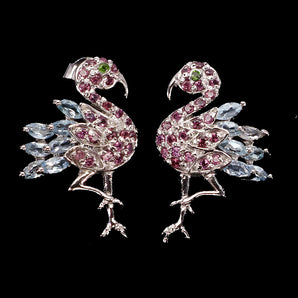 Unheated Marquise Aquamarine Rhodolite Gems 925 Sterling Silver Bird Earrings