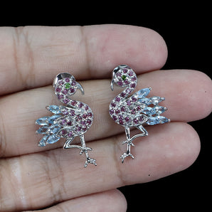 Unheated Marquise Aquamarine Rhodolite Gems 925 Sterling Silver Bird Earrings