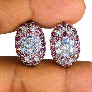 Unheated Round Blue Tanzanite 3mm Rhodolite Garnet 925 Sterling Silver Earrings