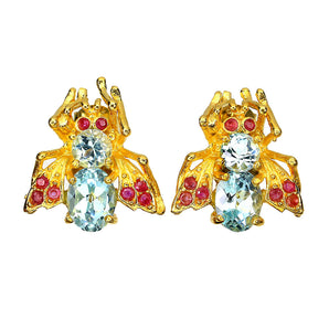 Irradiated Oval Sky Blue Topaz 8x6mm Ruby 925 Sterling Silver Bee Earrings