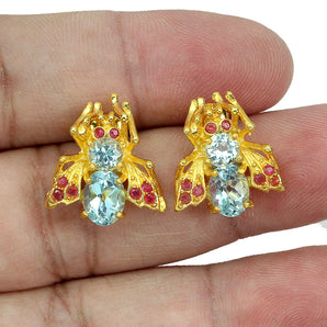 Irradiated Oval Sky Blue Topaz 8x6mm Ruby 925 Sterling Silver Bee Earrings