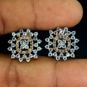 Unheated Round Aquamarine 2mm Sapphire Diamond Cut 925 Sterling Silver Earrings