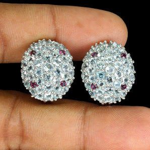 Unheated Round Aquamarine Rhodolite Tanzanite 925 Sterling Silver Earrings