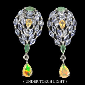 Unheated Fire Opal 7x5mm Citrine Emerald Tanzanite 925 Sterling Silver Earrings